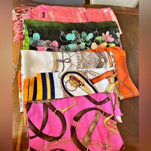 Collection of Five Preloved Branded or Fashion Silk-like Polyester Scarfs (GUC)